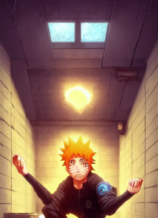 Prompt: highly detailed prison cell with naruto uzumaki with black hair, bars in window, powerfully hitting a wall, art by greg rutkowski, loish, rhads, ferdinand knab, makoto shinkai and lois van baarle, ilya kuvshinov, rossdraws, tom bagshaw, global illumination, radiant light, detailed and intricate environment