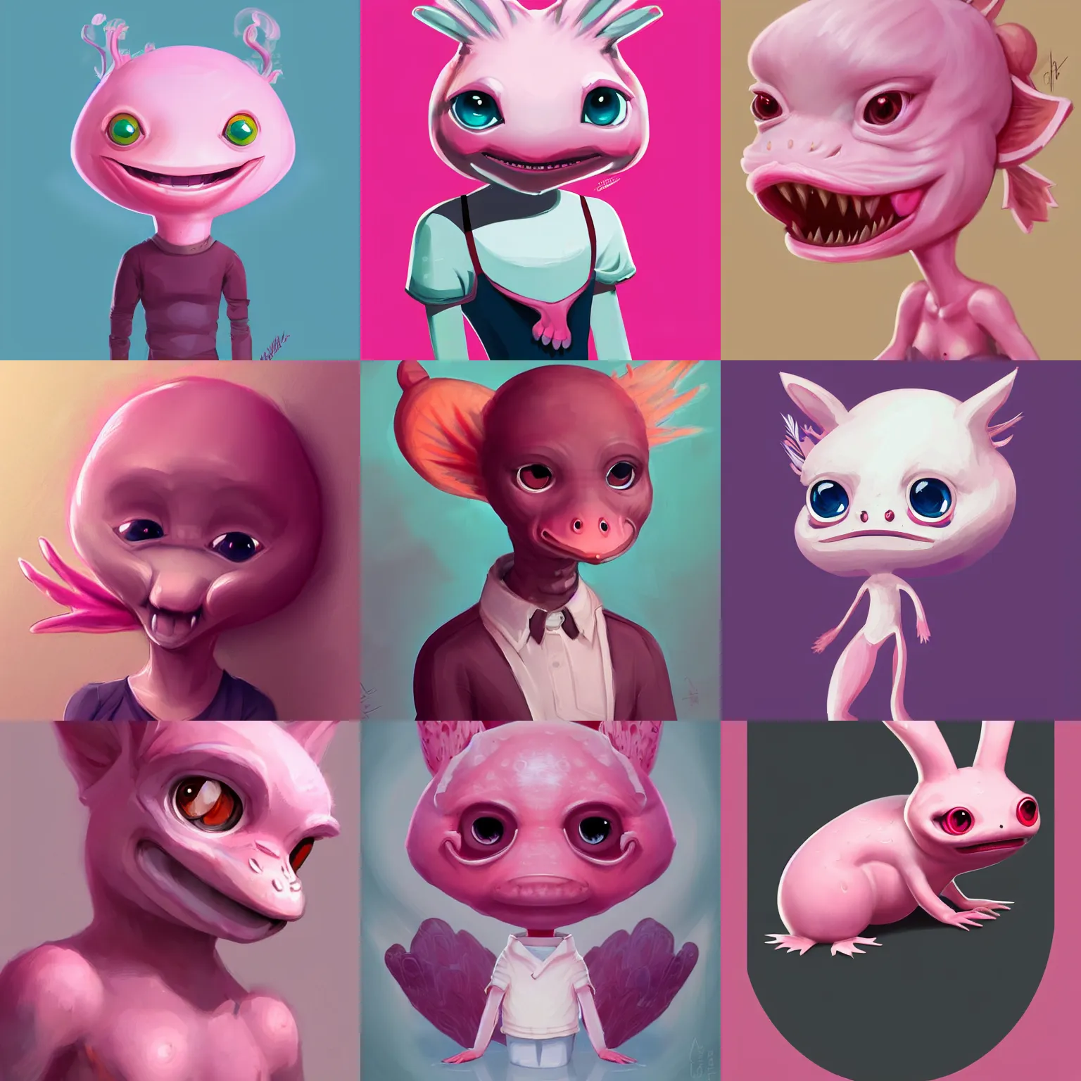 Prompt: character concept portrait, pink anthropomorphic axolotl child, adorable digital painting, concept art, smooth, sharp focus, illustration, artgerm