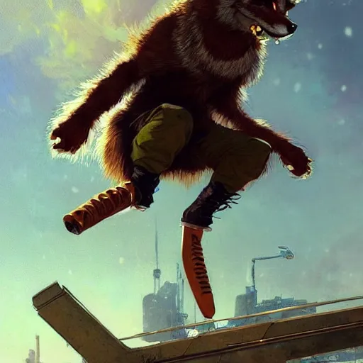 Prompt: anthropomorphic furry coyote character in cyberpunk clothes doing a kickflip. Renowned character illustration by greg rutkowski, thomas kindkade, alphonse mucha, loish, norman rockwell. Trending on artstation.