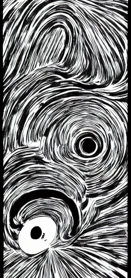 Image similar to A black hole with event horizon in the center with space around it, high detail, Junji Ito