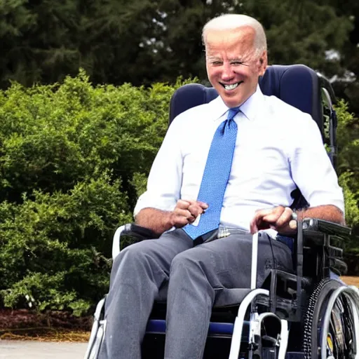 Prompt: still image of joe biden sitting in a wheelchair that has a rocket booster attached to the back, turbo boosted wheelchair, 8 k photo