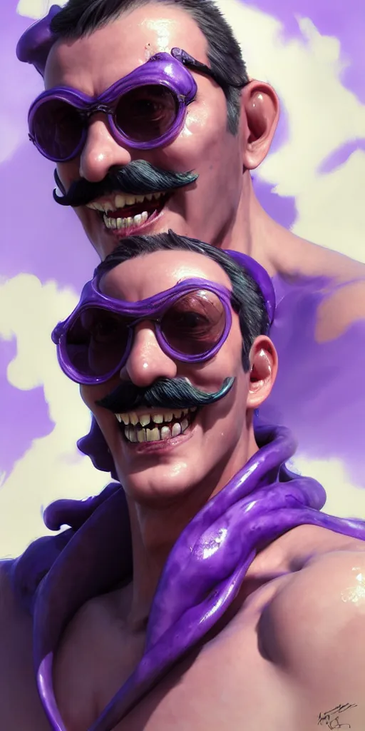 Image similar to Extremely Detailed and Full Portrait scene of Gooey Ocean scene in ink and refined sand, Waluigi with shades on face. wearing a purple dress full body smiling by Akihito Yoshitomi AND Yoji Shinkawa AND Greg Rutkowski, Mark Arian trending on artstation