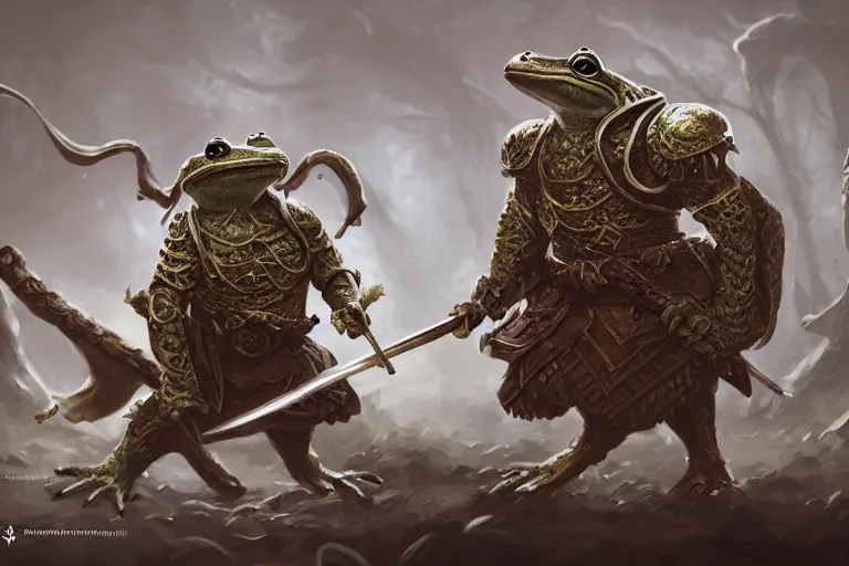 Prompt: Frog warrior king. D&D, fantasy, intricate, elegant, highly detailed, digital painting, artstation, concept art, matte, sharp focus, illustration