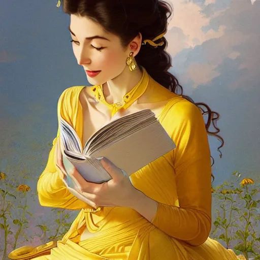 Image similar to a smiling beautiful woman wearing a yellow dress and reading a book, masterpiece, intricate, elegant, highly detailed, digital painting, artstation, concept art, smooth, sharp focus, illustration, art by artgerm and greg rutkowski and alphonse mucha and uang guangjian and gil elvgren and sachin teng, symmetry!!