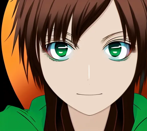 Image similar to close up character portrait of an anime character with brown hair and green eyes wearing a hoody, digital art