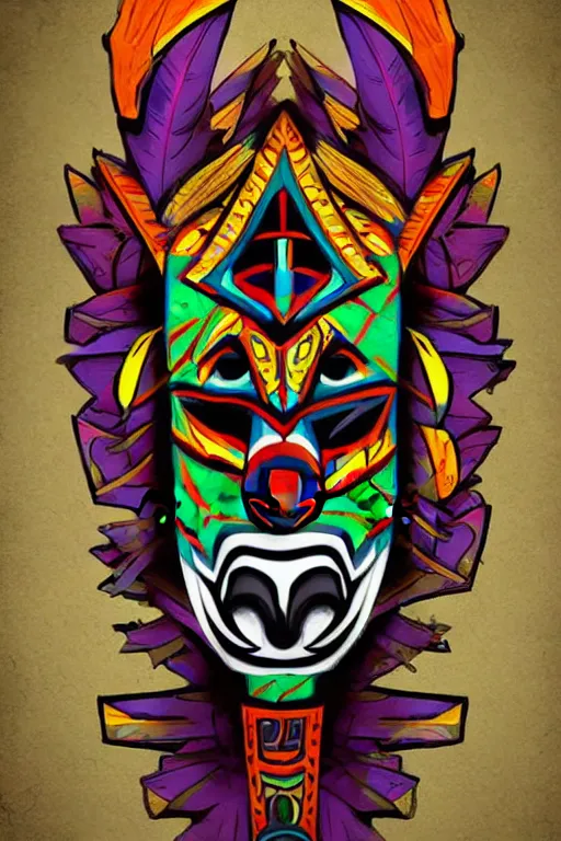 Prompt: totem animal tribal chaman vodoo mask feather gemstone plant video game illustration vivid colorful borderlands and by feng zhu radiating a glowing aura