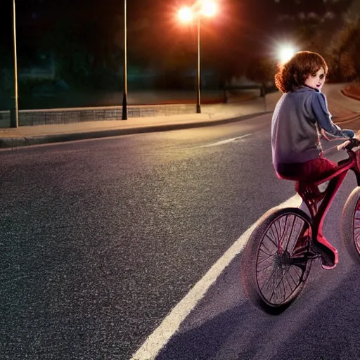 Image similar to Finn WolfHard (Mike Weeler) from Stranger Things riding her bike in the middle of the street, the bike's flashlight illuminating the ground, the clear sky, realistic, extremely high details, photorealistic, 2022s, soft lighting, 4k, human photo