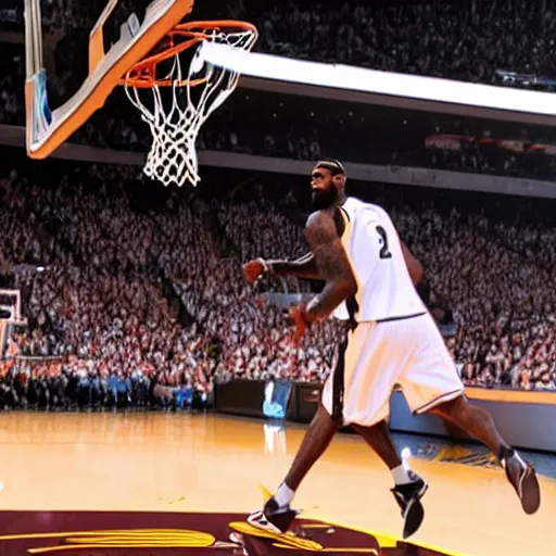 Prompt: lebron james dunking on a toy basketball hoop