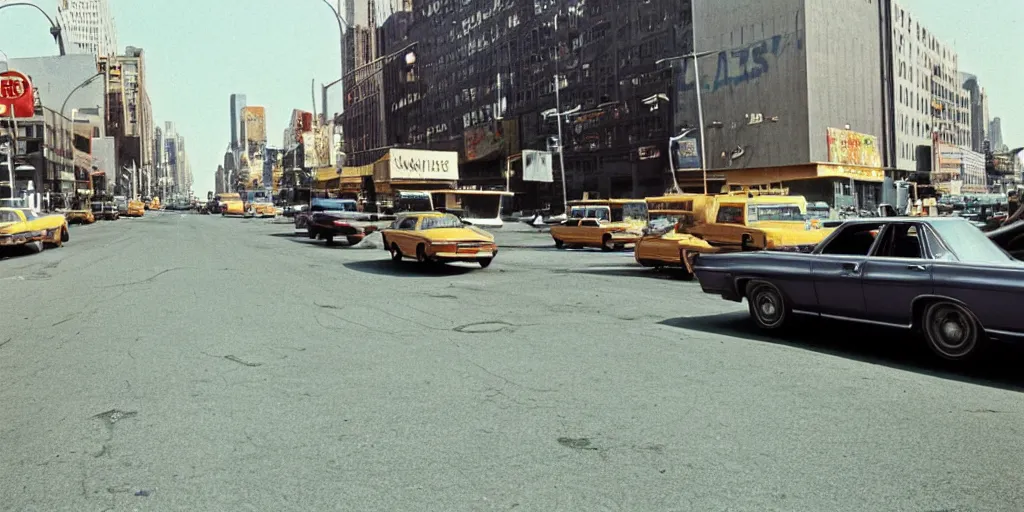 Image similar to new york city street in the morning, photography by william eggleston and stephen shore en 1 9 6 8