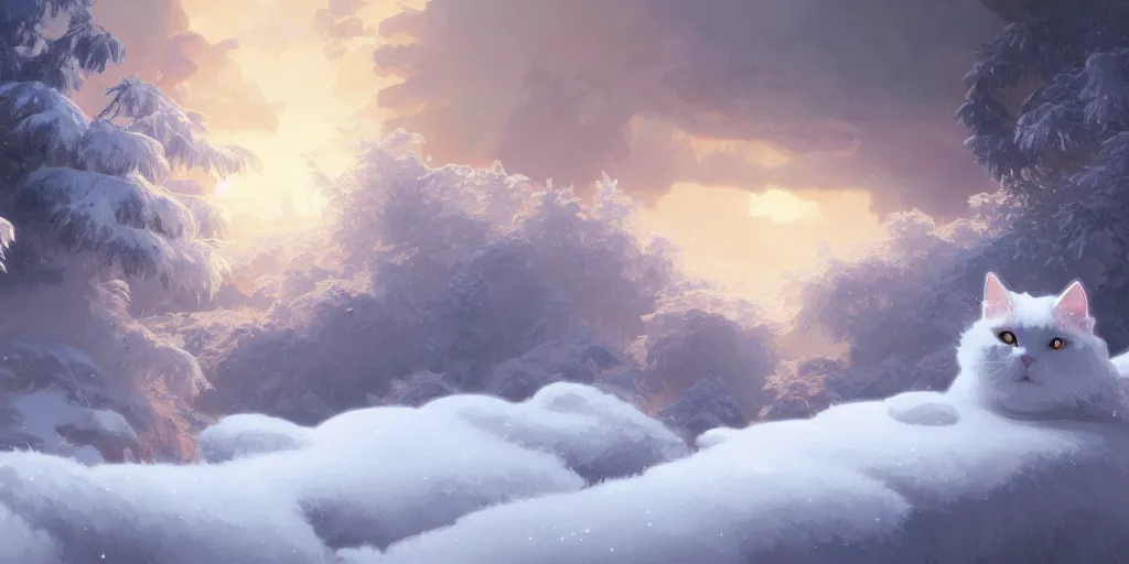 Prompt: panoramic shot of a beautiful ancient white fluffy cat, eye fire, snow glow, snowfall, highly detailed, digital painting, artstation, sharp focus, illustration, art by tan zi and ayanamikodon and alphonse mucha and wlop