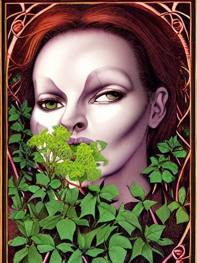 Prompt: The Hanging-Gardens of Pareidolia, lobelia, ivy, verbena and pothos growing facial features and optical-illusions, aesthetic!!!!!!!!!!!!!!!!!, by Chris Tulloch McCabe in the style of Gerald Brom,