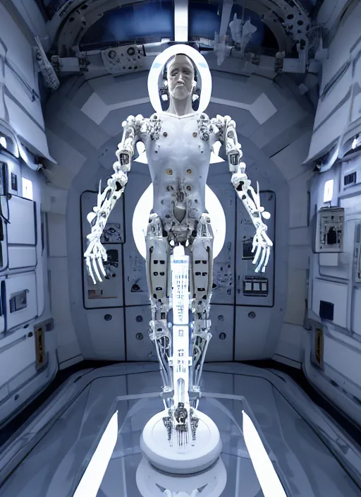 Prompt: space station interior, a statue jesus on cross made of white marble, perfect symmetrical body, full body shot, inflateble shapes, wires, tubes, veins, white biomechanical, wearing epic bionic cyborg implants, masterpiece, intricate, biopunk, vogue, highly detailed, artstation, concept art, cyberpunk, octane render