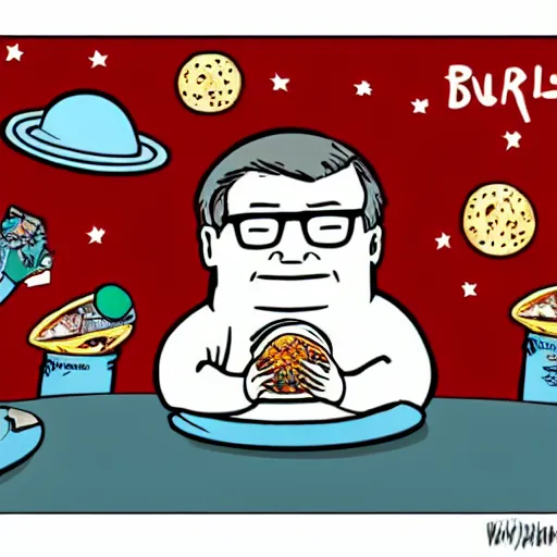 Image similar to Bill Gates eating burritos in outer space. Cartoon style.