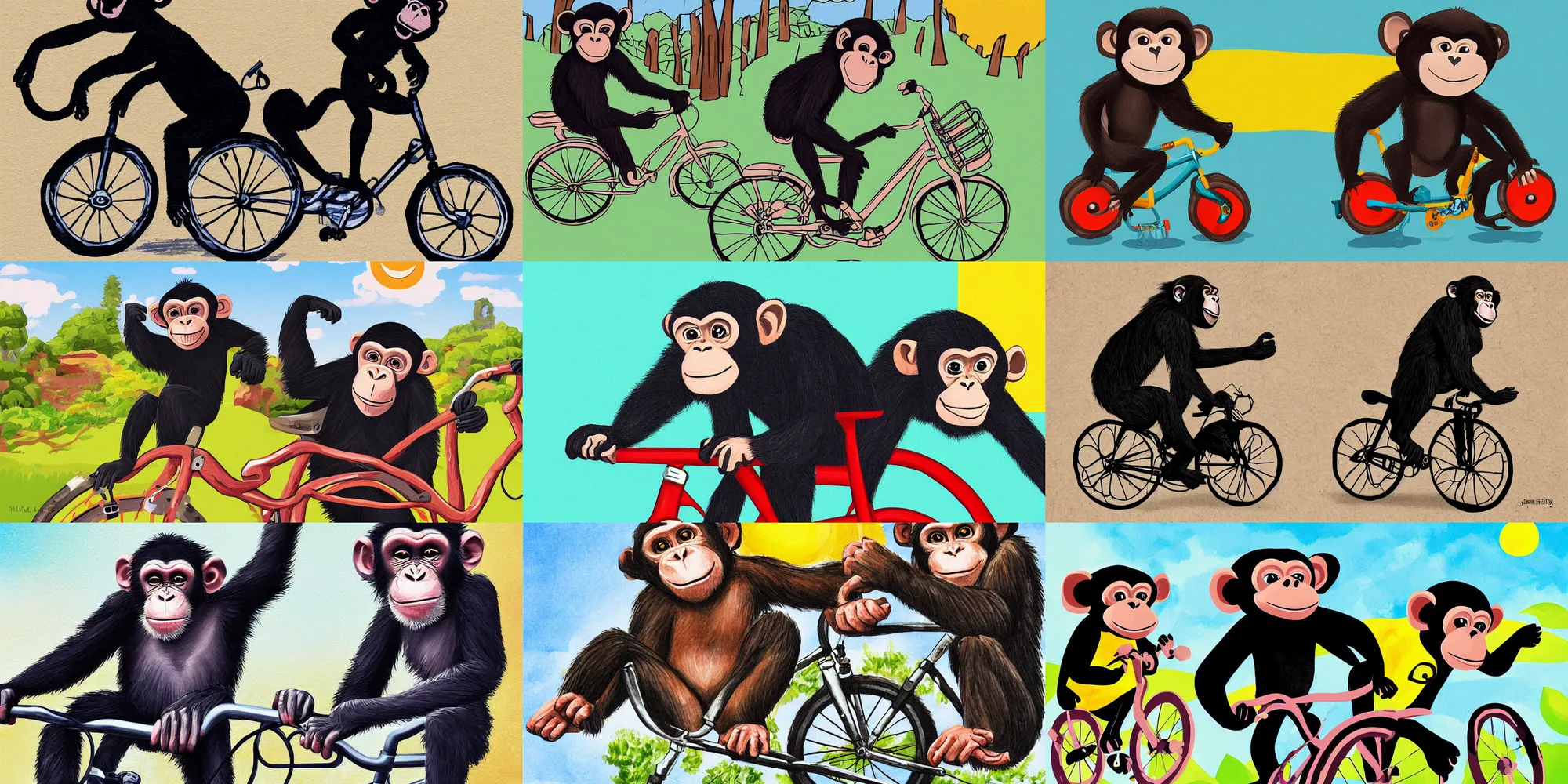 Prompt: a cute monkey chimpanzee riding a bike on a sunny day artwork stylized