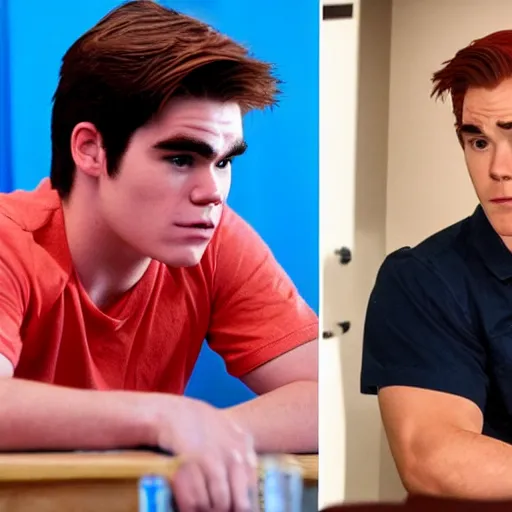 Prompt: kj apa as archie andrews in the same room with walter white, still from breaking bad