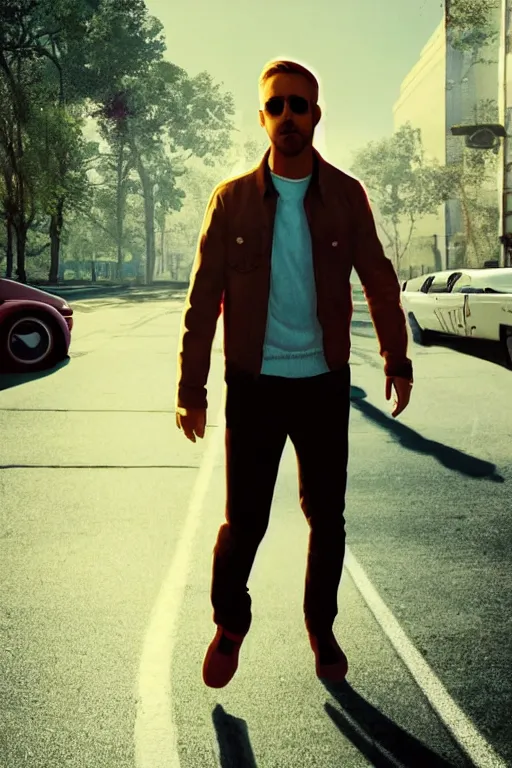 Prompt: Ryan Gosling walking down the road in a horizont, retrowave sun, retrowave landscape, retrowave style, realistic materials, attention to detail, detailed depth of field, digital art, quality composition