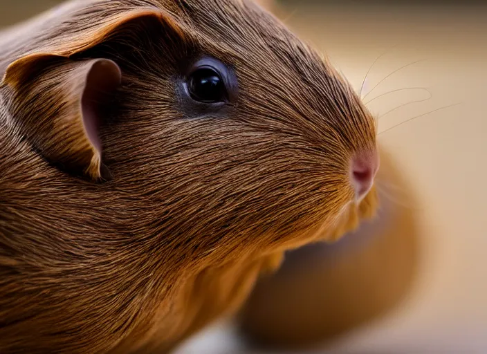 Prompt: close up of a brown guinea pig, highly detailed, cinematic lighting, photograph