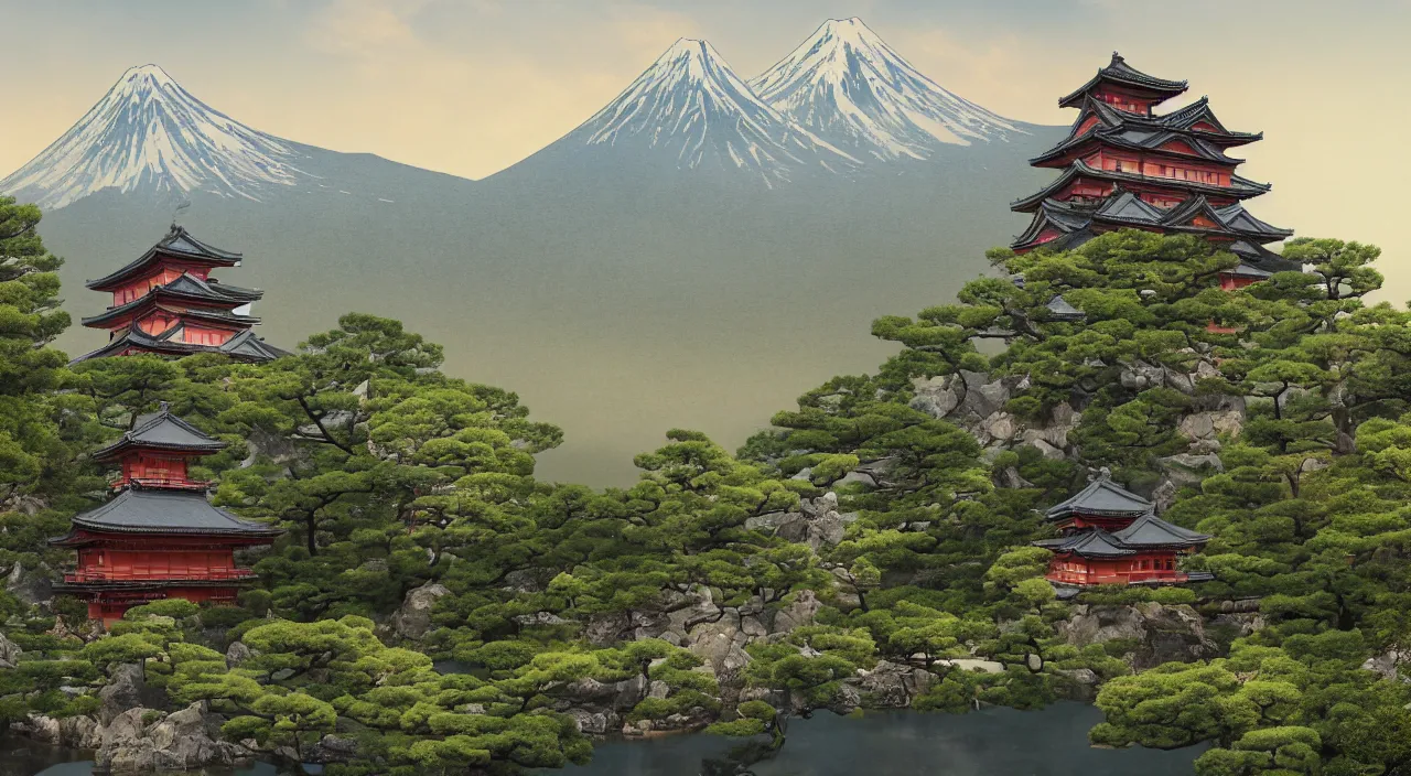 Prompt: a Japanese castle, with a garden as foreground, with mountains as background, trending on artstation