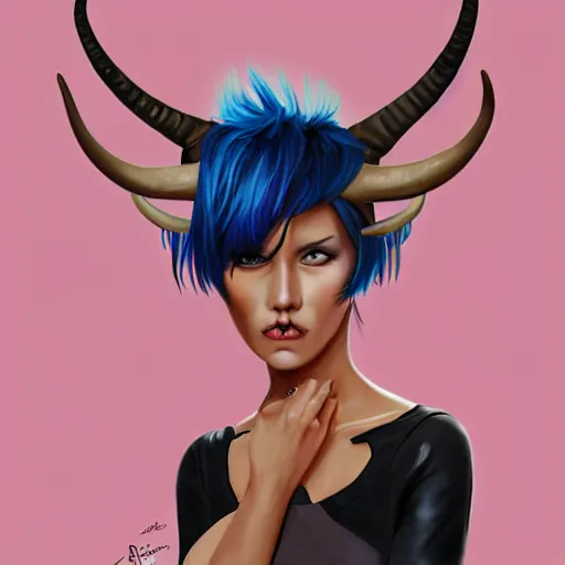 Image similar to illustrated realistic portrait of ram-horned devil woman with blue bob hairstyle and her tan colored skin and with solid black eyes wearing leather by rossdraws