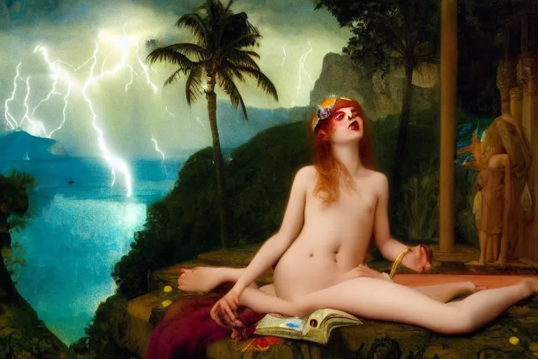 Prompt: Jester girl at the palace of the occult, refracted sparkles, thunderstorm, greek pool, beach and Tropical vegetation on the background major arcana sky and occult symbols, by paul delaroche, hyperrealistic 4k uhd, award-winning, very detailed paradise