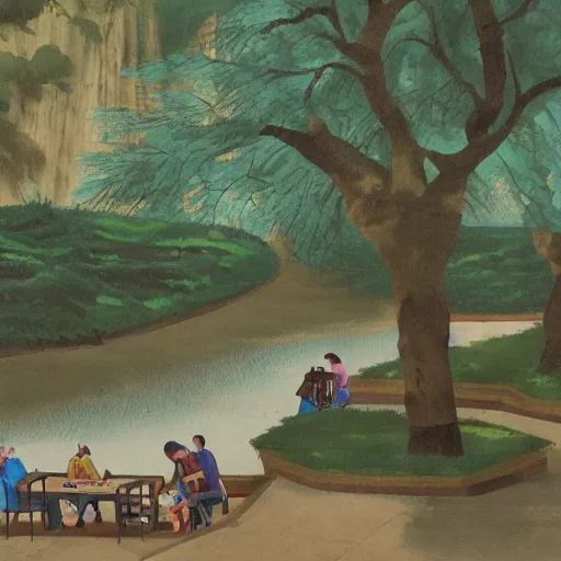 Prompt: A meandering river flows from a turquoise hill next to a small pavilion where people sit and play chess, in this image painted by Wang Anshi