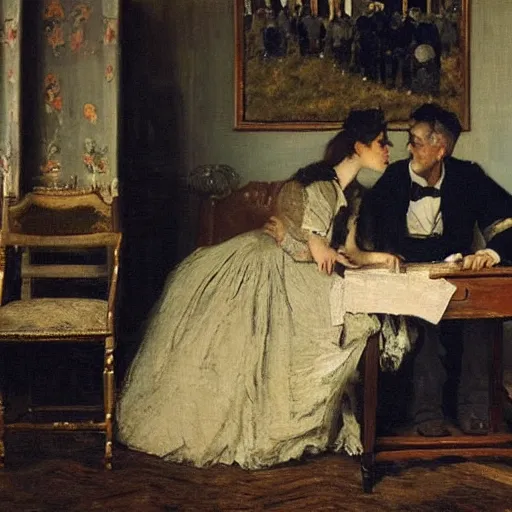 Image similar to a man and a woman solving an escape room puzzle alfred stevens