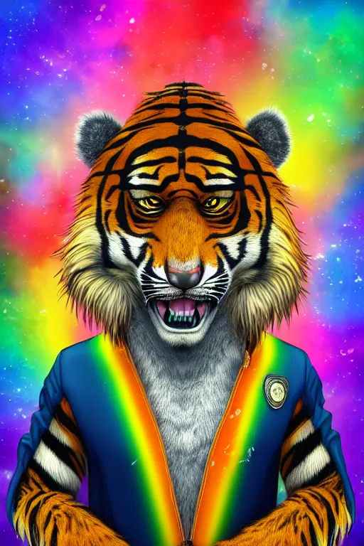 Image similar to Male Anthropomorphic Furry Tiger as Police ,fullbody, Rainbow Background, 8k Photo Realistic