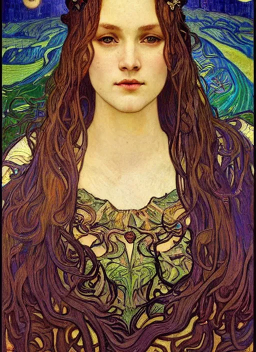 Image similar to detailed realistic beautiful young medieval queen face portrait by jean delville, alphonse mucha, vincent van gogh, and marco mazzoni, art nouveau, symbolist, visionary, gothic, pre - raphaelite