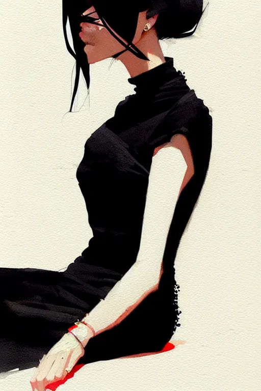 Image similar to a ultradetailed beautiful panting of a stylish woman in a black dress sitting, by conrad roset, greg rutkowski and makoto shinkai trending on artstation