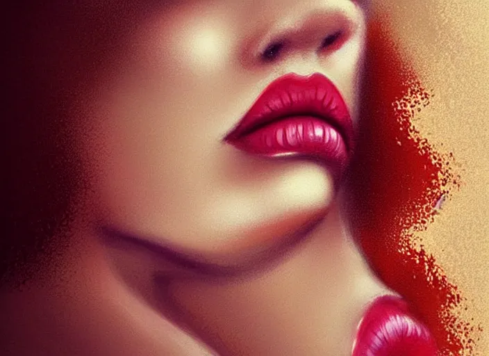 Image similar to woman love woman, sweet hugs, gold trim, atmoshperic, elegant, sharp focus, sand sea, red sun, huge lips, by kardie art ♥, trending on artstation, intricate details