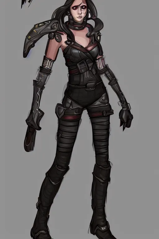 Prompt: Concept art of a beautiful female space pirate. Full body.