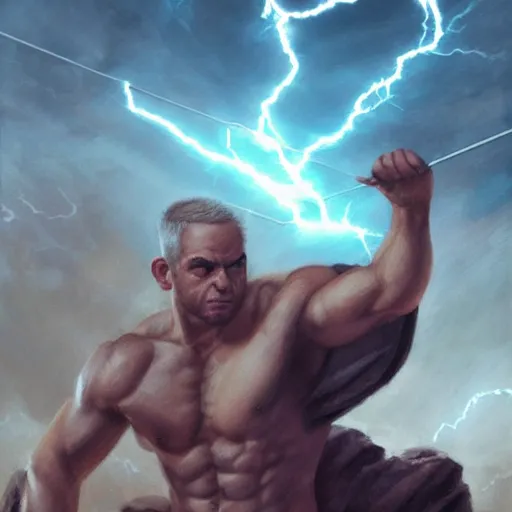 Image similar to benjamin netanyahu as a buff greek god of lightning, shooting lightning bolts from eyes, highly detailed, ultra clear, by artgerm and greg rutkowski