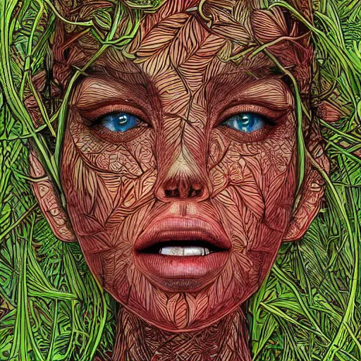 Prompt: the face of an incredibly beautiful and elegant woman partially made of tomatoes vines and grass, an ultrafine detailed illustration by james jean, final fantasy, intricate linework, bright colors, behance contest winner, vanitas, angular, altermodern, unreal engine 5 highly rendered, global illumination, radiant light, detailed and intricate environment