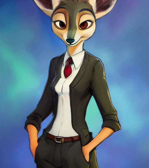 Image similar to oil painting of full body of anthromorphic female wolf, in style of zootopia, zootopia, zootopia, fursona, furry, furaffinity, 4 k, deviantart, furry art, fursona art, wearing black business suit, business suit, in style of zootopia, wolf fursona, cyberpunk, female, expressive detailed feminine face,