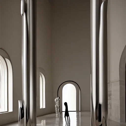 Prompt: giant Italian modern castle living room, clean minimalist design, that is 1300 feet tall, a series of modern stainless steel organic shaped modern sculptures with mirror finish, photo by Annie Leibovitz