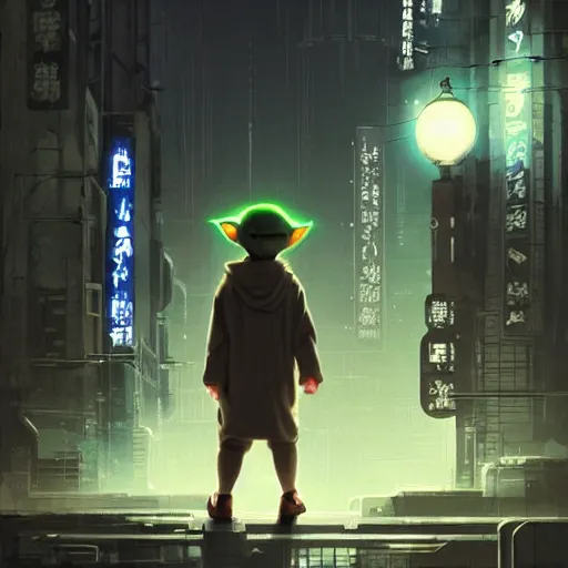 Image similar to Baby Yoda in future japan at night, concept art, fine details, studio ghibli, cinematic lighting, ghost-in-the-shell, cyberpunk,sci-fi, fantasy, intricate, elegant, highly detailed, digital painting, trending on artstation, concept art, smooth, sharp focus, illustration, by james gurney and greg rutkowski