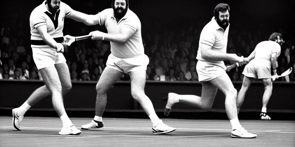 Prompt: photo of geoff capes wiining wimbledon tennis final against steve silk hurley