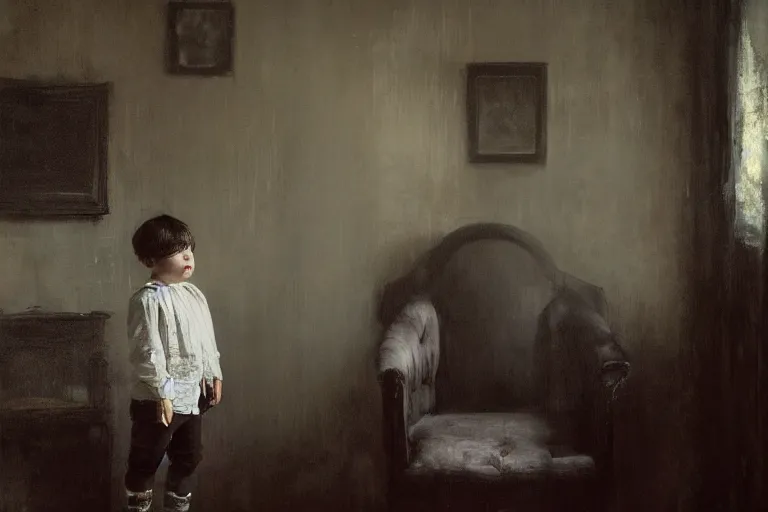 Prompt: detailed cinematic moody colors studio portrait of a victorian kid with short dark hair in a victorian living room, high quality by jeremy mann, only one full body single portrait