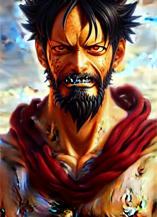 Image similar to luffy as _ fantasy _ style _ portrait _ painting _ of middle eastern male brown wavy hair beard, rpg dnd oil _ painting _ unreal _ 5 _ daz. _ rpg _ portrait _ extremely _ detailed _ artgerm _ greg _ rutkowski _ greg