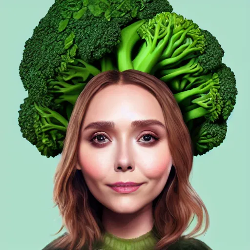 Image similar to anthropomorphic broccoli with an elizabeth olsen face, trending on artstation, 4 k quality, intricate