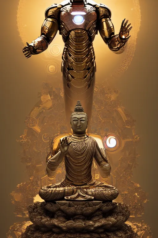 Prompt: digital masterpiece illustration concept art of porcelain statue of buddha gautama as iron man, varasana, lotus, extremely detailed and intricate complexity, epic composition, magical atmosphere, cinematic lighting, wide long shot, trending on artstation, 8 k