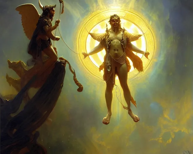 Image similar to attractive male deity, casting demonic magic, summoning handsome lucifer morning star. highly detailed painting by gaston bussiere, craig mullins, j. c. leyendecker 8 k