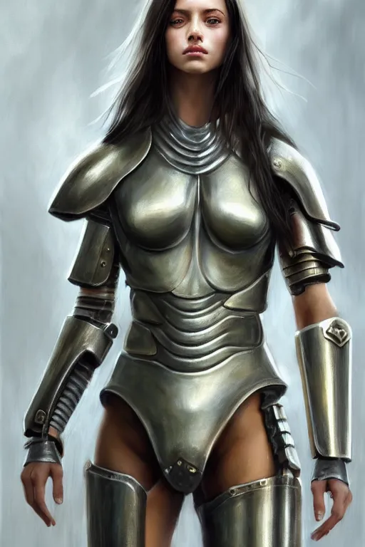 Prompt: a photorealistic painted portrait of an attractive young girl, partially clothed in dull metal-plated battle armor, olive skin, long dark hair, flawless skin, beautiful bone structure, symmetric facial features, perfect photorealistic eyes, natural physique, intricate, elegant, digital painting, concept art, finely detailed, beautifully illustrated, sharp focus, minimal artifacts, from Metal Gear, by Ruan Jia and Mandy Jurgens and Artgerm and William-Adolphe Bouguerea, in the style of Greg Rutkowski, trending on Artstation, award winning art