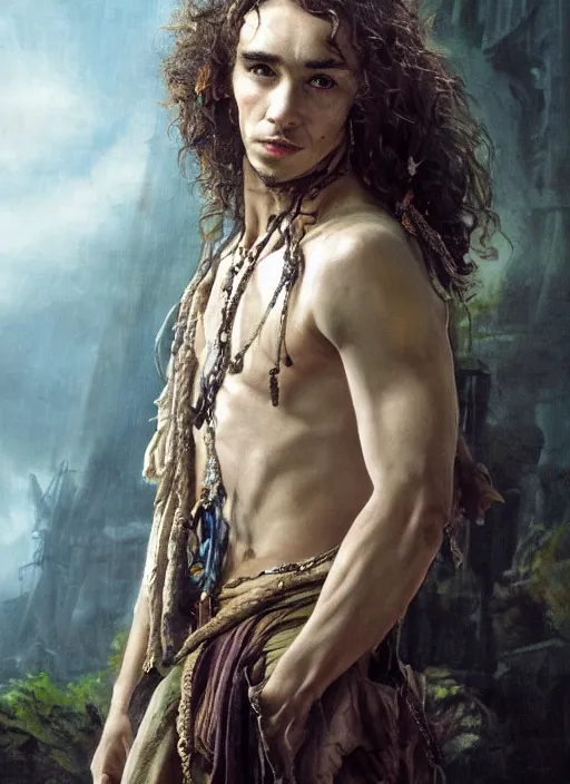 Prompt: a beautiful painting portrait movie poster of Robert Sheehan in Pirates of the Carribean 6, matte painting, fantasy art, dark but detailed digital art, highly detailed, a masterpiece trending on artstation. Robert Sheehan as a young but messy pirate and layabout in this HD preview poster