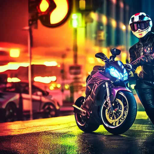 Prompt: sportbike rider standing in a city, rain, 4k, (synthwave), trending on artstation,