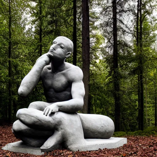 Image similar to the thinker sculpture disintegrating into dust, in a forest at dusk