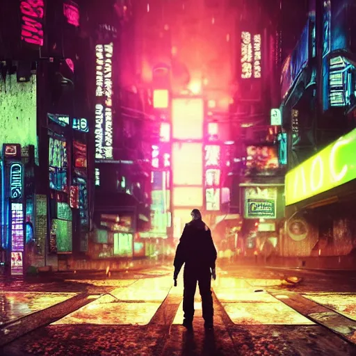 Prompt: A man with nothing left to lose, wandering in the hostile neon-soaked dirty streets of a city from the future, armed and dangerous, cyberpunk. night, rain, dark clouds, realistic 4k octane beautifully detailed render, 4k post-processing, highly detailed, intricate complexity, epic composition, magical atmosphere, cinematic lighting, masterpiece, ultra hd