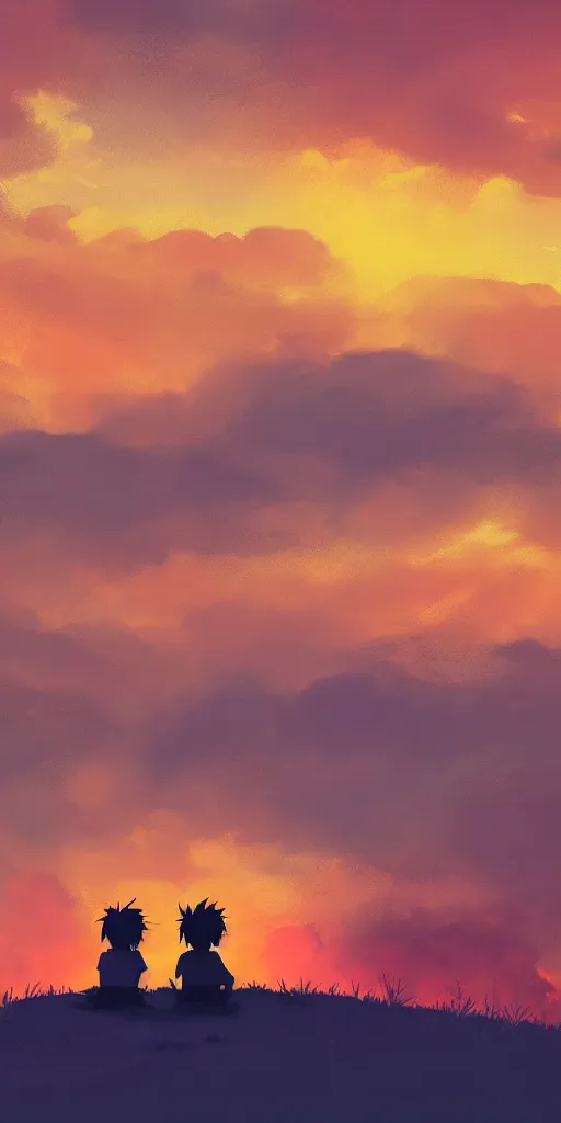 Prompt: a silhoutte of 2 boys sitting on a hill seeing a sunset by hayao miyazaki, orange skies, cloudy, detailed, illustration, anime, digital art, dreamy, vivid, colorful, ambient