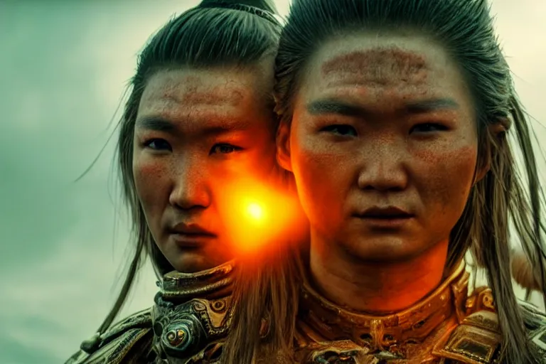 Image similar to vfx film closeup, futuristic mongolian warriors, flat color profile low - key lighting award winning photography arri alexa cinematography, hyper real photorealistic cinematic, atmospheric cool colorgrade