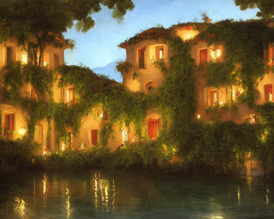 Prompt: an achingly beautiful oil painting of a vibrant Mediterranean villa, lit by glowing lanterns and covered in ivy, on the shores of Lake Como by Raphael and Hopper. detailed, romantic, trending on artstation.